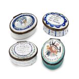 A GROUP OF FOUR ENGLISH ENAMEL PATCH BOXES, SOUTH STAFFORDSHIRE, CIRCA 1800