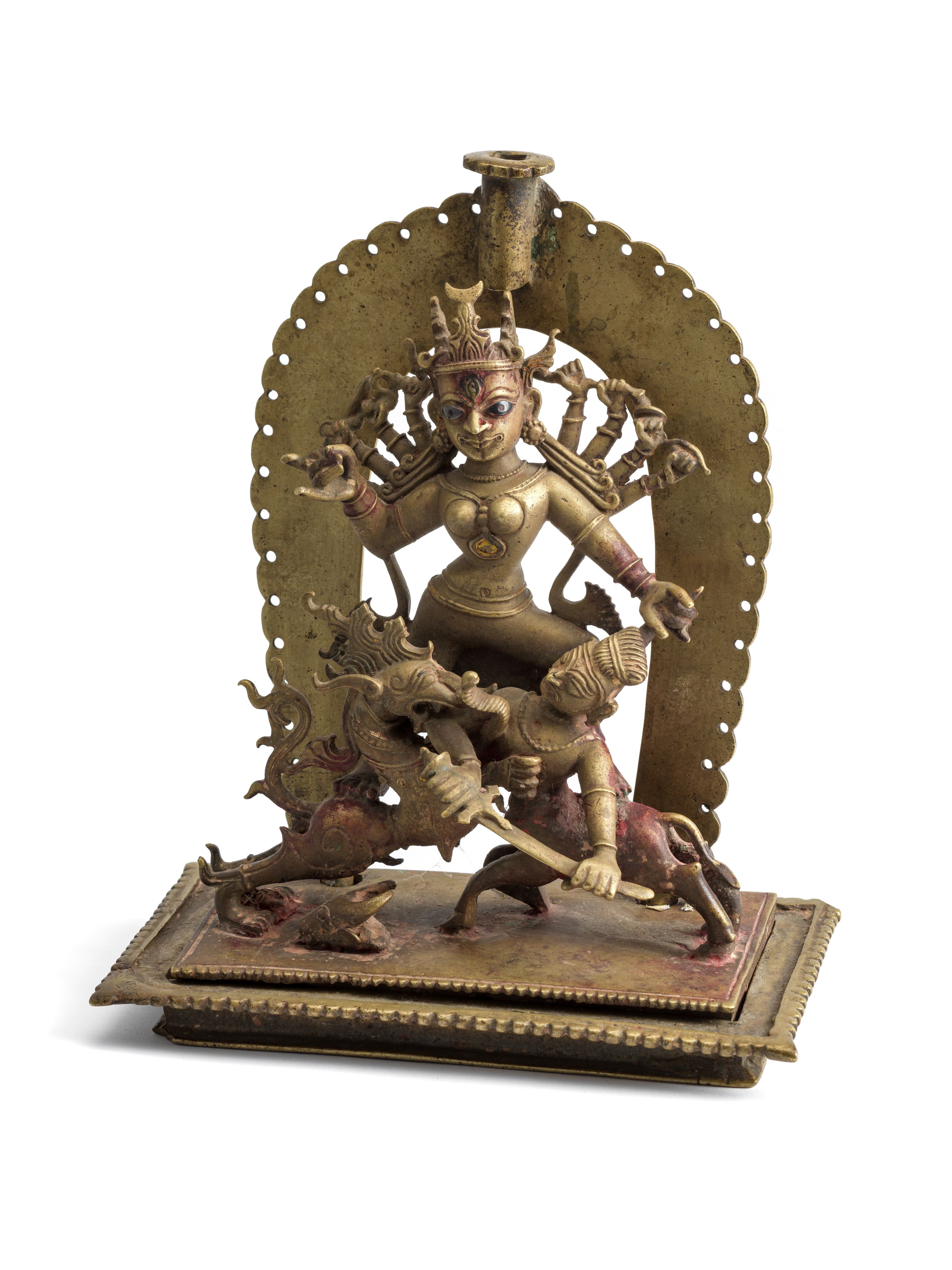 A BRONZE SHRINE DEPICTING DURGA MAHISASURAMARDINI, ORISSA (NOW ODISHA), EASTERN INDIA, CIRCA 17TH CE