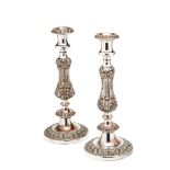 A PAIR OF GEORGE IV SHEFFIELD PLATE LARGE CANDLESTICKS, CIRCA 1825