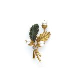 Ⓦ GOLD, CULTURED PEARL AND NEPHRITE BROOCH, CIRCA 1964