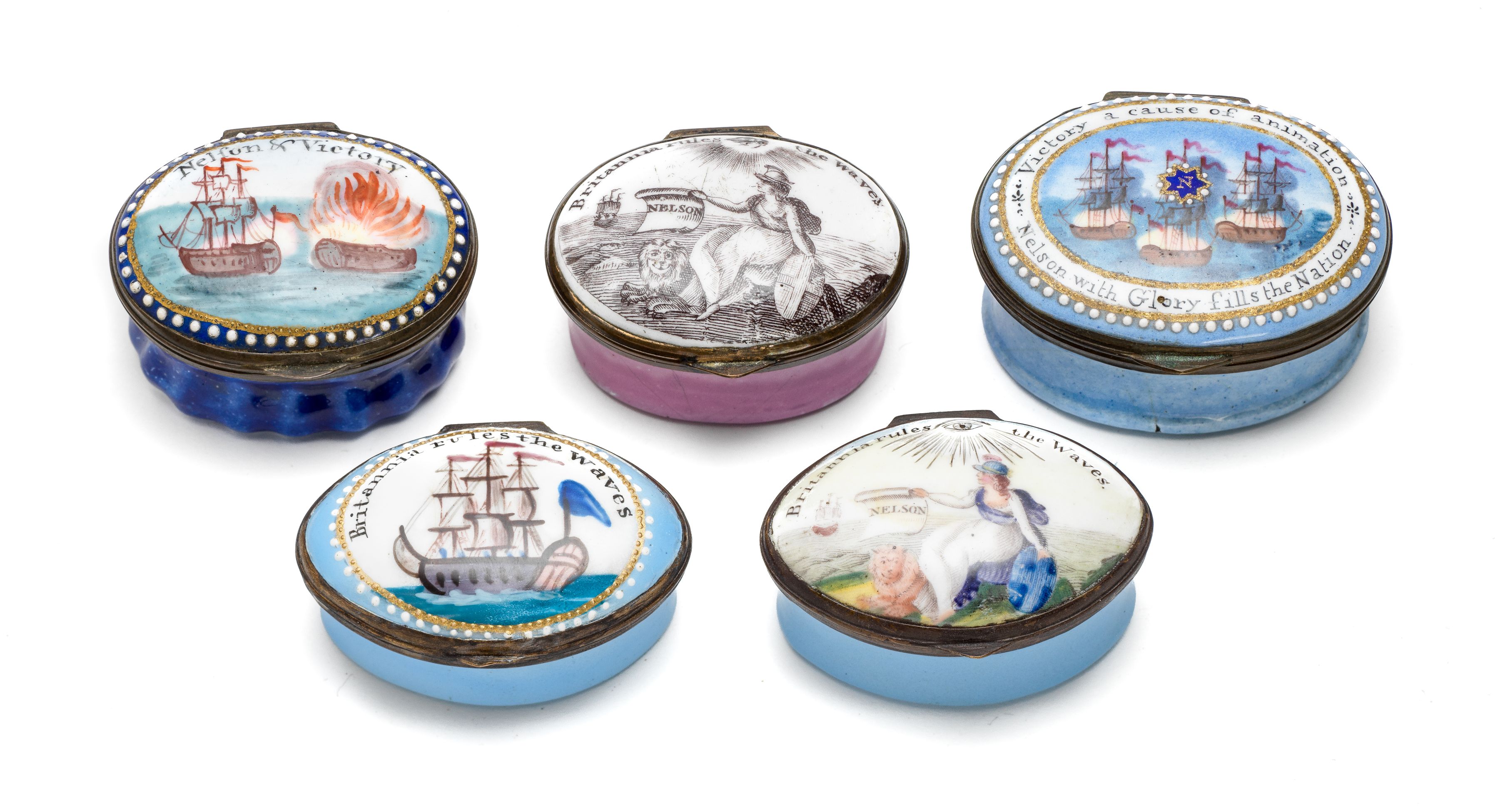 A GROUP OF FIVE ENGLISH ENAMEL 'NELSON' PATCH BOXES, SOUTH STAFFORDSHIRE, CIRCA 1800