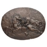 □ A BRONZE PLAQUETTE OF A LION ATTACKING A HORSE, ITALIAN, 17TH CENTURY