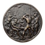 □ A BRONZE PLAQUETTE OF VULCAN~S FORGE, AFTER MONOGRAMMIST H.G. (ACTIVE 1540-1570), 16TH CENTURY STY