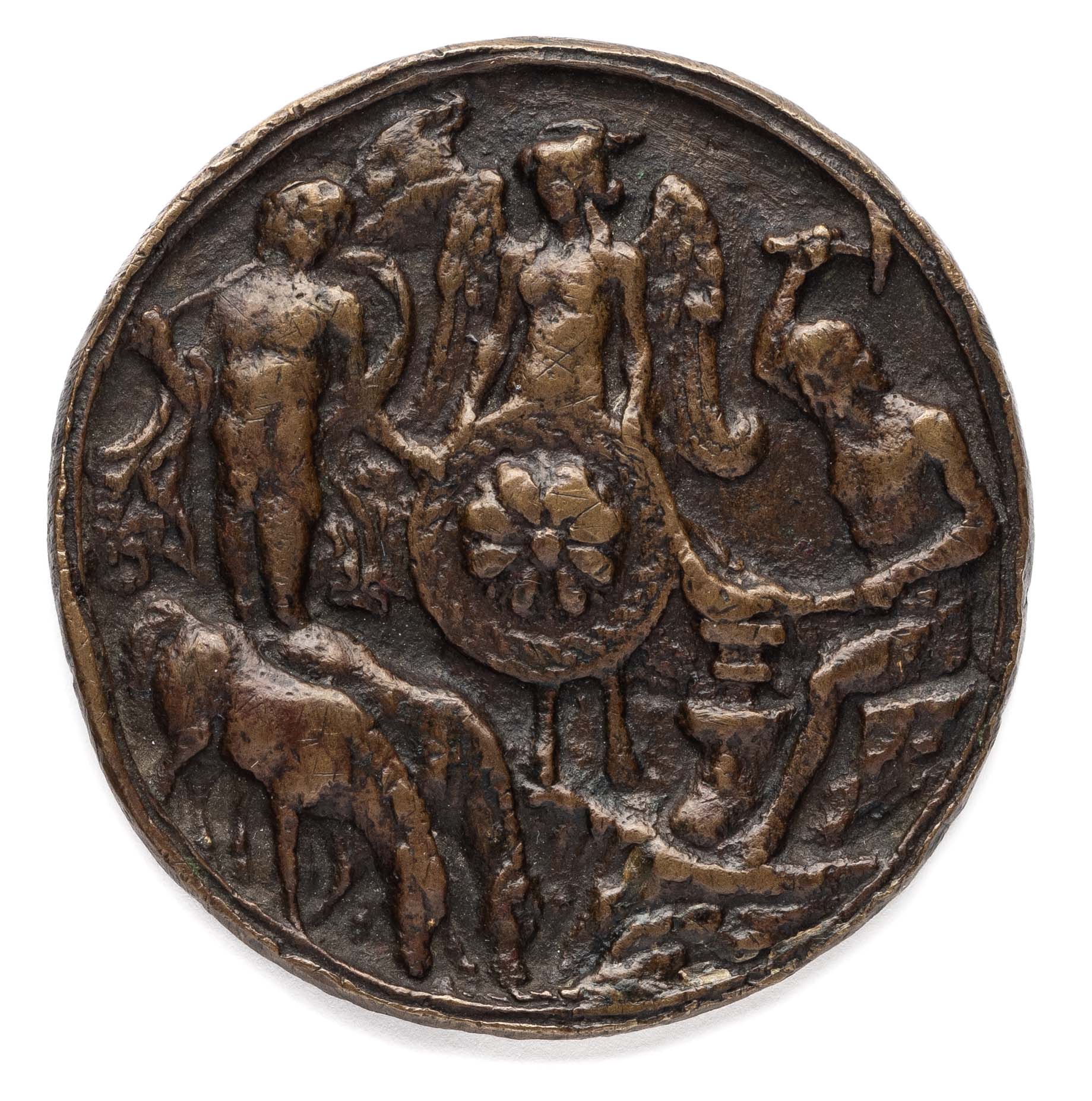 □ A BRONZE PLAQUETTE OF VULCAN FORGING THE ARMS OF AENEAS, PROBABLY PADUA, EARLY 16TH CENTURY