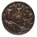 □ A BRONZE PLAQUETTE OF VULCAN FORGING THE ARMS OF AENEAS, PROBABLY PADUA, EARLY 16TH CENTURY
