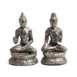 TWO SMALL SILVERY BRONZE FIGURES OF BUDDHA, JAVA, 8TH/9TH CENTURY