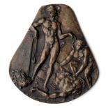 □ A BRONZE PLAQUETTE OF DAVID AND GOLIATH, GALEAZZO MONDELLA, KNOWN AS MODERNO (1467-1528)