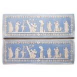 TWO BLUE JASPER DIPPED PLASTER TABLETS, WEDGWOOD STYLE