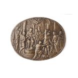□ A BRONZE PLAQUETTE OF THE JUDGEMENT OF SOLOMON, PROBABLY ITALIAN LATE 16TH / EARLY 17TH CENTURY