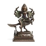 A BRONZE FIGURE OF SUBRAHMANYA, RIDING ON HIS PEACOCK, TAMIL NADU, SOUTH INDIA, CIRCA 15TH CENTURY