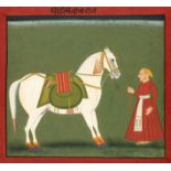 A MEWAR PORTRAIT OF A HORSE WITH ITS GROOM, RAJASTHAN, INDIA, CIRCA 1800