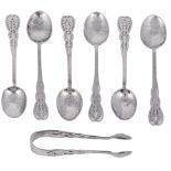 A SET OF SIX GEORGE V SILVER TEASPOONS AND THEIR SUGAR TONGS, SIBYL DUNLOP, LONDON, 1923