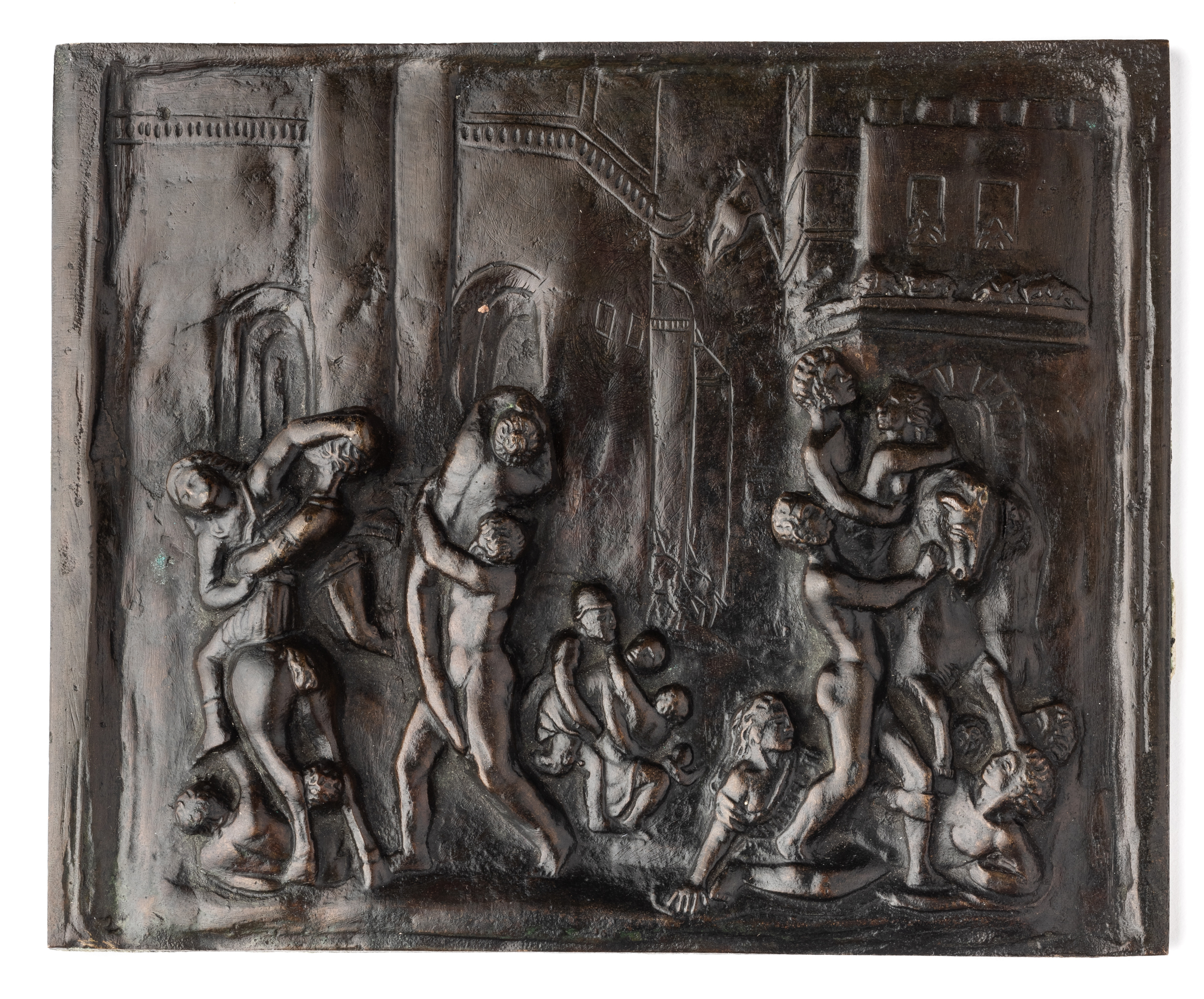 □ A BRONZE PLAQUETTE OF THE RAPE OF THE SABINE WOMEN, AFTER GIAMBOLOGNA (1529-1608), PERHAPS GERMAN