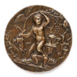 □ A BRONZE PLAQUETTE OF AN ALLEGORICAL SCENE WITH A PUTTO, AFTER ANDREA BRIOSCO CALLED IL RICCIO (CI