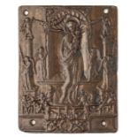 □ A BRONZE PLAQUETTE OF THE VIRGIN AND CHILD WITH SIXTEEN ANGELS, PROBABLY PADUA, LATE 15TH CENTURY