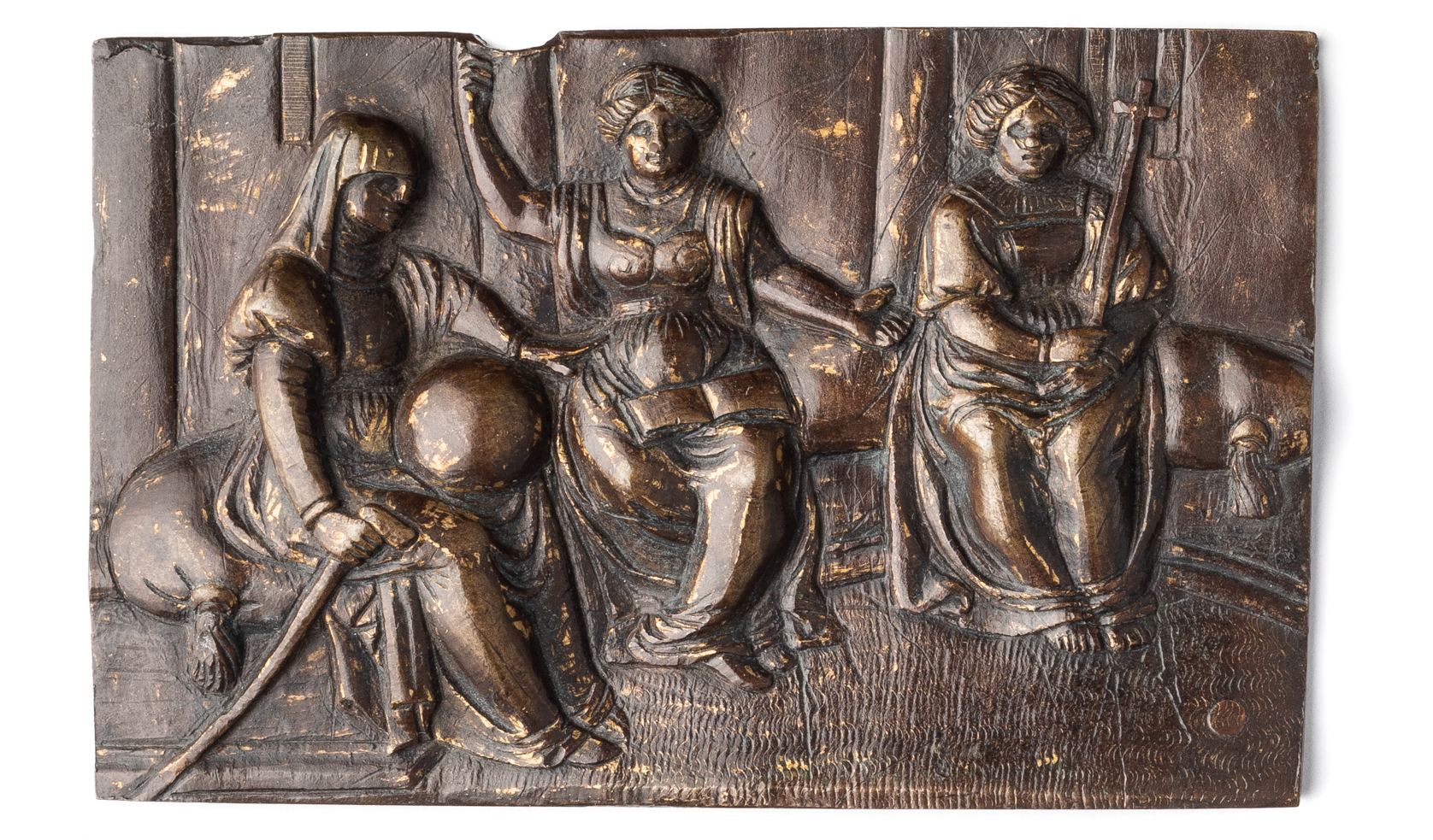 □ A BRONZE PLAQUETTE OF THREE SEATED FEMALE ALLEGORICAL FIGURES, NORTH ITALIAN, PROBABLY EARLY 16TH