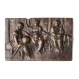 □ A BRONZE PLAQUETTE OF THREE SEATED FEMALE ALLEGORICAL FIGURES, NORTH ITALIAN, PROBABLY EARLY 16TH