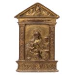 □ A BRONZE-GILT PAX OF THE MADONNA AND CHILD WITH ST JOSEPH, AFTER GALEAZZO MONDELLA, KNOWN AS MODER