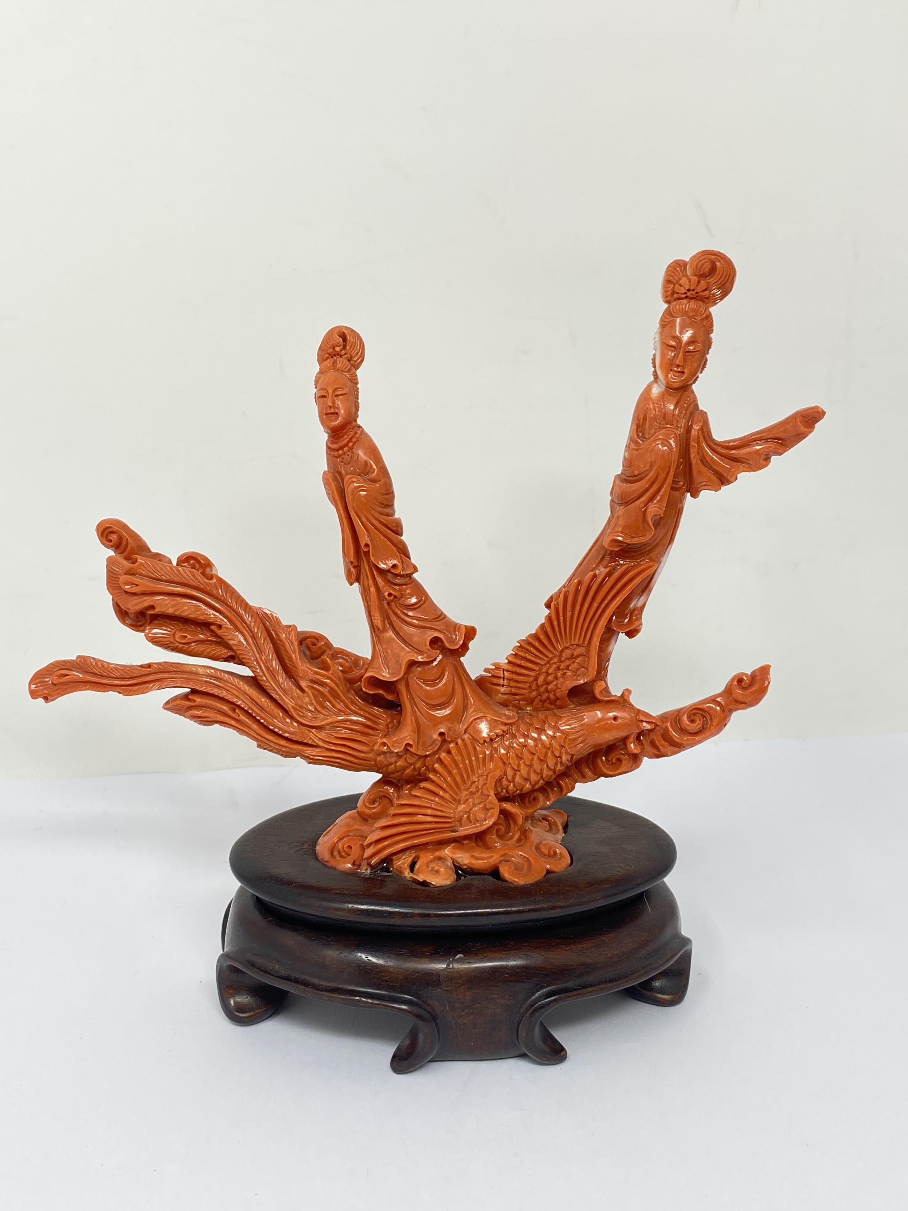 ˜A CHINESE CORAL GROUP OF TWO MAIDENS ON A PHOENIX, 20TH CENTURY - Image 2 of 5