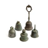 FIVE SOUTH-EAST ASIAN BRONZE BELLS, MOSTLY 10TH-12TH CENTURIES