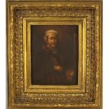 Rembrandt self-portrait at easel, modern copy, oil on board, 23 x 18 cm, gilt framed