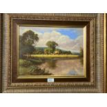 John Pryde: River landscape with hay wagon on the far bank, oil on canvas, signed, 29 x 39 cm,