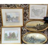 Peter Green: Nantwich scenes, watercolours, signed, 25 x 32 cm, framed and glazed; a framed map of