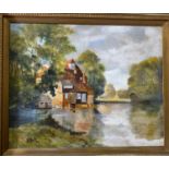 R Plant: Impressionistic landscape with house and river, oil on canvas, signed, 39 x 49 cm, framed