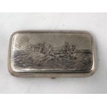 A late 19th century Russian silver snuff box decorated in niello with a troika, 84 mark, maker AE