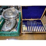 A part fish canteen in walnut case; silver plate; cutlery; ornamental items