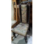 A Victorian walnut occasional chair with high back and barley twist side columns, on turned legs,