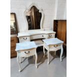 A Louis XV 19th century style kneehole dressing table in cream finish with stool; a pair of marble