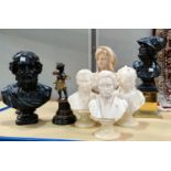 A variety of resin busts on stands in the classical manner, largest 38cm, smallest 23cm