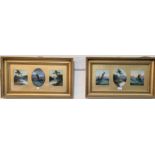 19th Century: 2 sets of 3 oils on card, landscapes and seascapes, each with central oval picture, 18