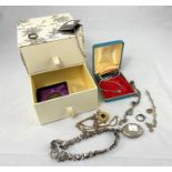 A ladies gold plated wristwatch; a fob watch; costume jewellery