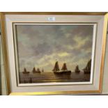 20th Century: Seascape at sunrise with fishing boats, signed indistinctly, oil on board, 38 x 48 cm,