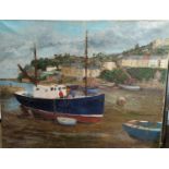John Carpenter: Large oil on canvas of a harbor scene, unframed