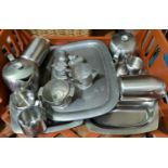 An Old Hall stainless steel 4 piece tea set on tray; a similar set and a pewter tray with milk,