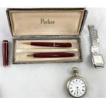 A Parker fountain pen/propelling pencil set, boxed; a Prescot pocket watch, keyless and open