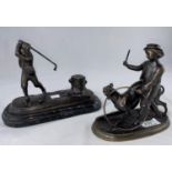 After Moigniez: a modern bronze group, boy with hoop and dog, length 17; a modern bronze inkwell