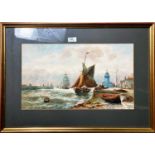 Robert Malcolm Lloyd (1859-1907): Fishing boats and a large sailing ship entering port, watercolour,