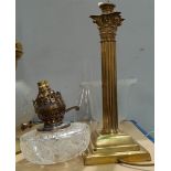 A late 19th/early 20th century brass oil lamp, with Corinthian column, cut glass reservoir (a.f.),