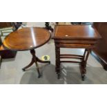 A Georgian style crossbanded mahogany nest of trio tables and pedestal occasonal table