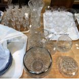 A cut glass fruit bowl; other cut glassware and drinking glasses