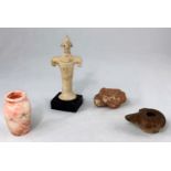 Three antique pottery items, including small water dropper and a miniature marbled baluster vase