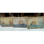 James W Milliken (1887-1930): 3 masted sailing ships, set of 3 watercolours, signed, 33 x 48, framed