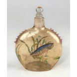 An Art Deco craquelure glass scent bottle of circular form hand painted in coloured enamel and