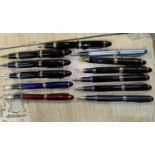 A set of 12 fountain and ball point pens, mainly Jinhao, cased; another case; other pens; refills;
