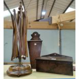 Two 19th century oak country made candle boxes with slope fronts; a 19th century folding wool winder