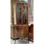 An Edwardian mahogany full height corner display cabinet with extensive floral marquetry inly,